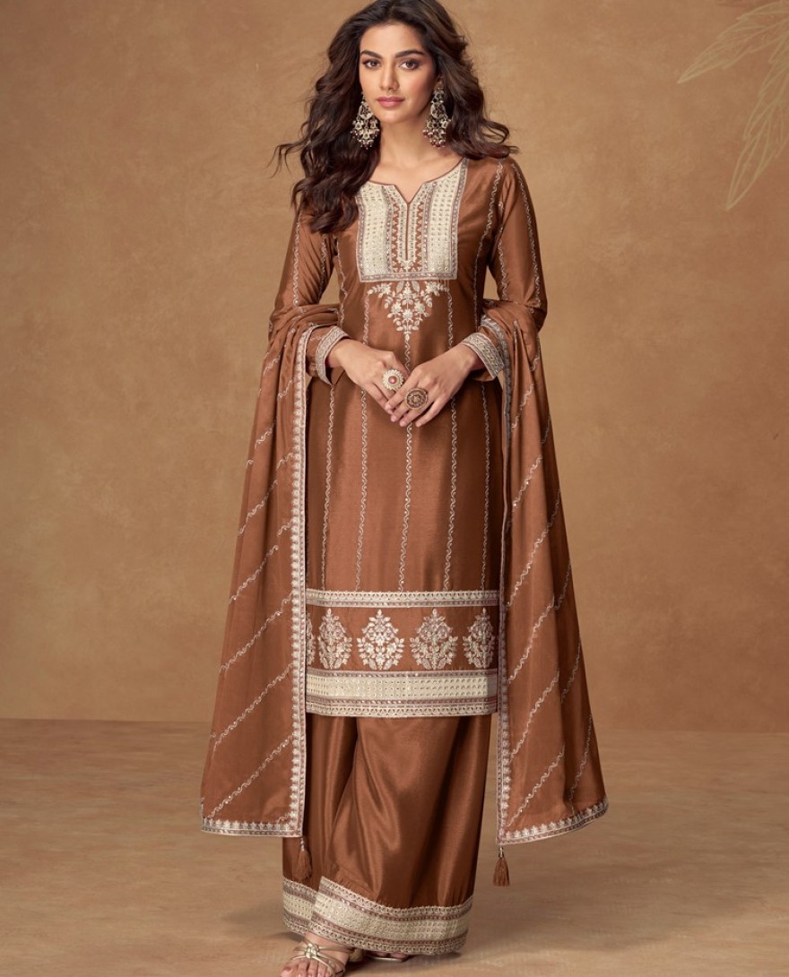 10268 - Elegant Rust Embroidered Suit